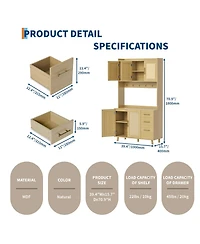 homfan 71-Inch Rattan Pantry Cabinet with Microwave Stand, 3 Drawers, Doors and Hooks, Boho Storage Hutch for Kitchen, Dining Room and Living Room
