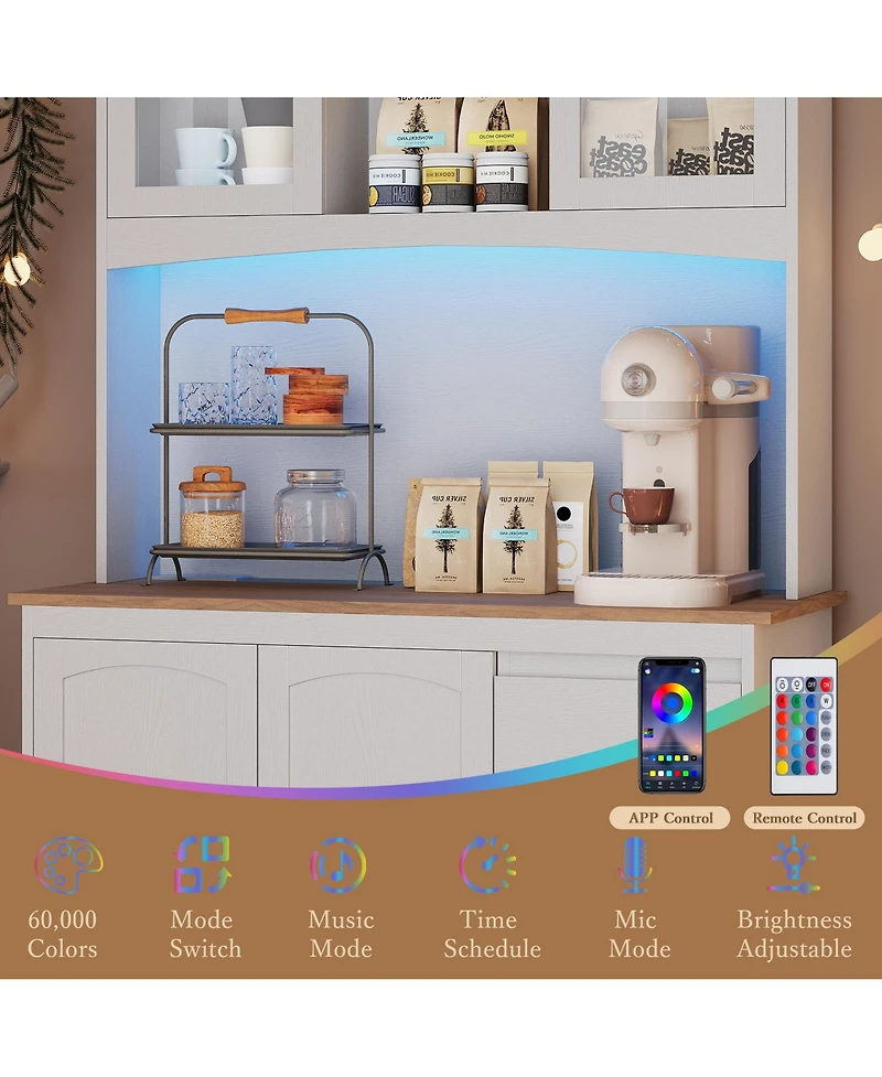 homfan Tall Kitchen Pantry Cabinet with Led Lights and Charging Station,Storage Hutch,Countertop,3 Drawers,4 Doors,Adjustable Shelves,Coffee Bar