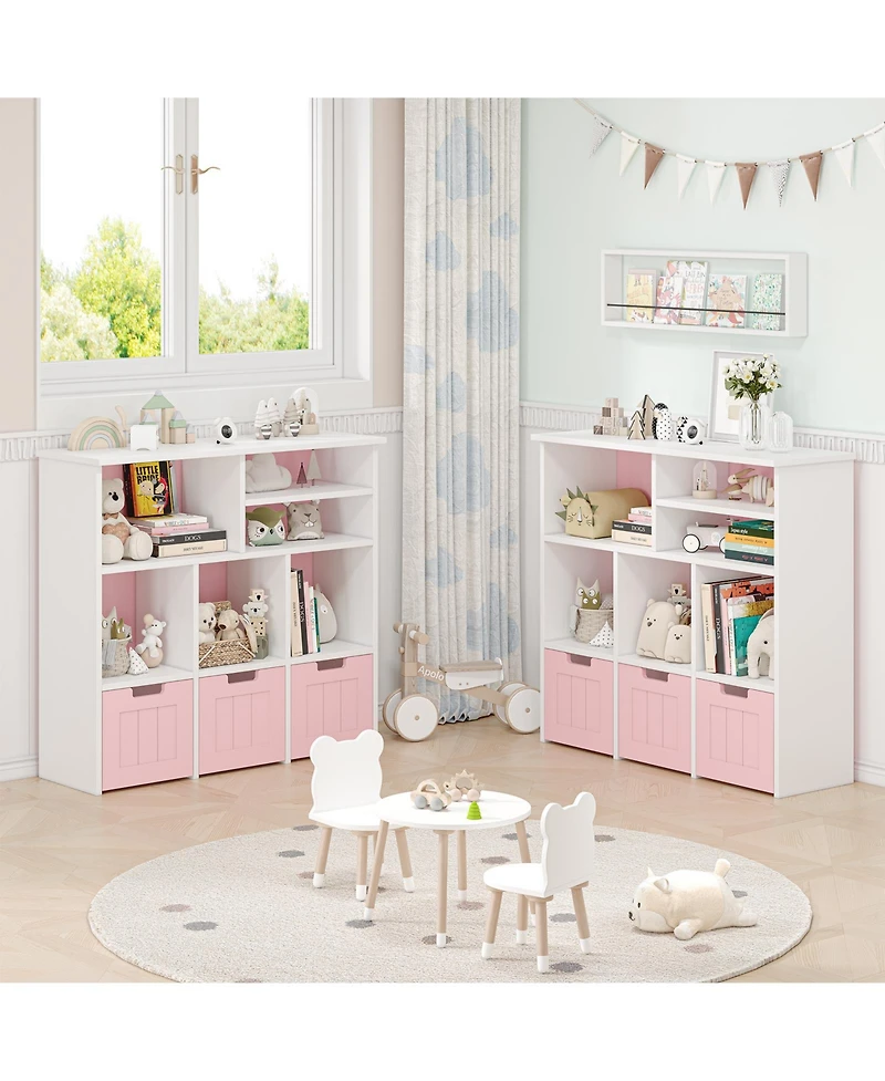 homfan Kids Storage Cabinet with 3 Drawers and 6 Cubes, Bookshelf Toy Organizer with Hidden Wheels, for Bedroom, Playroom and Nursery