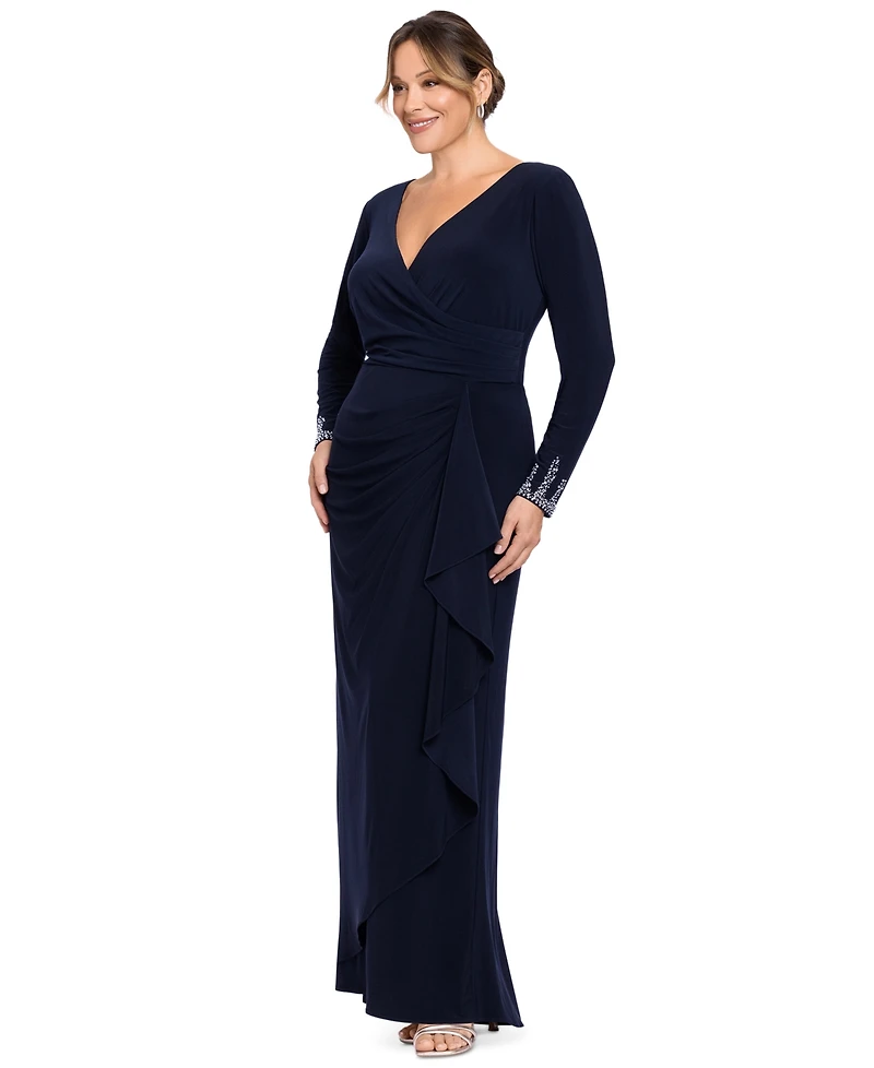 Betsy & Adam Plus Beaded-Sleeve Side-Ruffle Maxi Dress