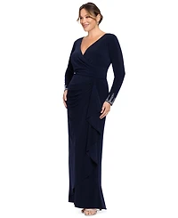 Betsy & Adam Plus Beaded-Sleeve Side-Ruffle Maxi Dress