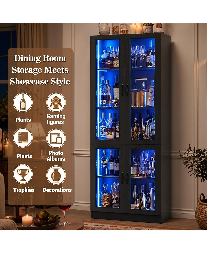 5-Tier Tall Display Cabinet with Glass Doors, 80" Bookcase Led Light