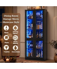 5-Tier Tall Display Cabinet with Glass Doors, 80" Bookcase Led Light