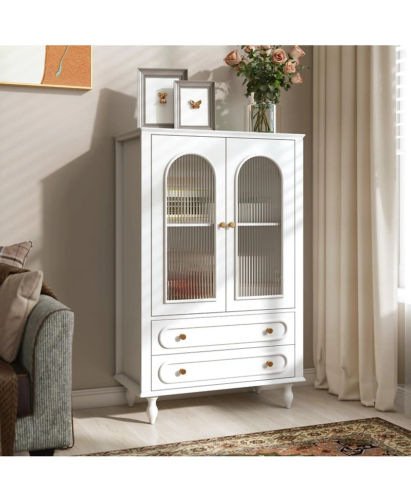 Streamdale Furniture 46.5'' Ribbed Glass Display Cabinet with 2 Drawers and Adjustable Shelf