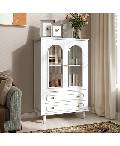 Streamdale Furniture 46.5'' Ribbed Glass Display Cabinet with 2 Drawers and Adjustable Shelf
