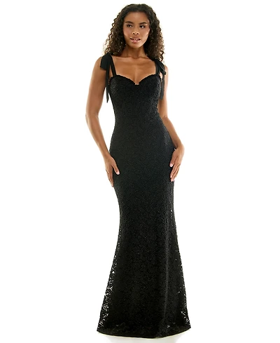 City Studios Juniors' Glitter-Lace Tie-Shoulder Sweetheart Gown