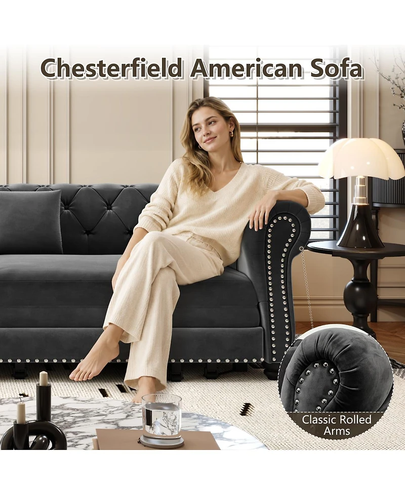 Streamdale Furniture Chesterfield 3-in-1 Velvet Pull-Out Sleeper Sofa with Movable Ottoman