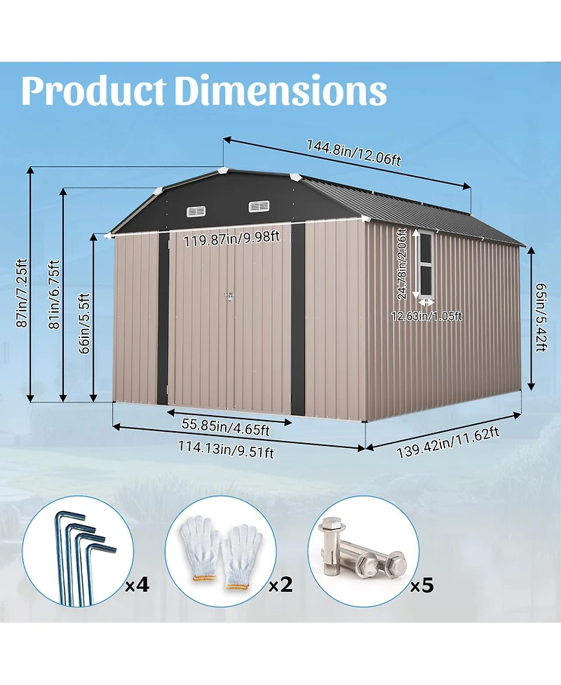 Streamdale Furniture 10' x 12' Metal Outdoor Storage Shed with Floor Frame Kit Tool Shed Heavy Duty