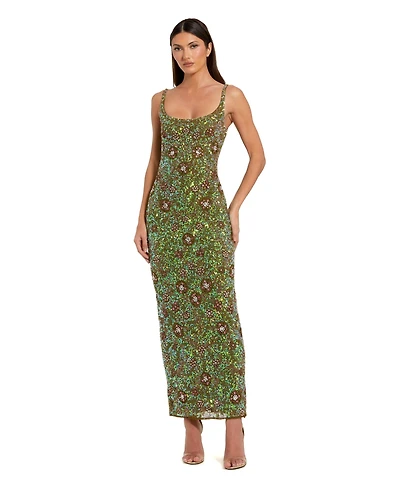 Mac Duggal Petite Sleeveless Hand Beaded Floral Midi Dress