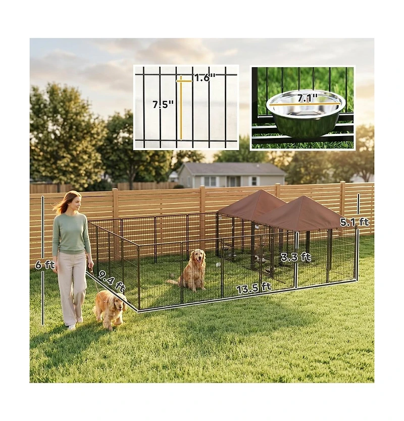 Ruie Large 2 Room Outdoor Dog Kennel with Adjustable Bowls and Latch
