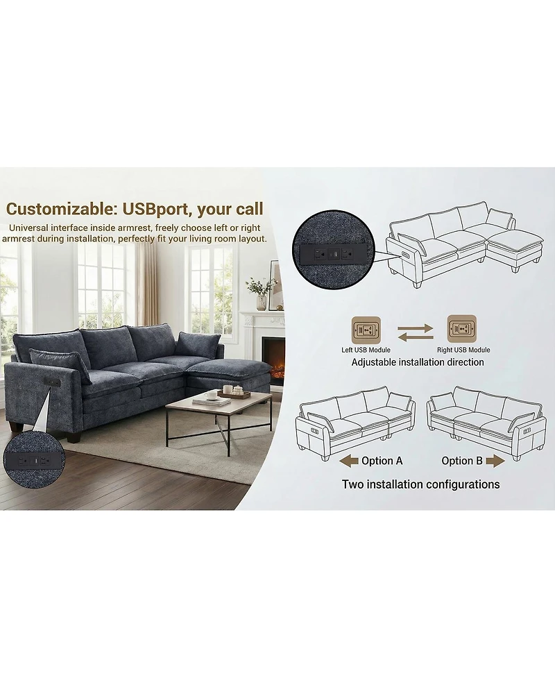 Streamdale Furniture Modern Chenille 3-Seat Sofa with Ottoman, Usb Ports and Side Pockets