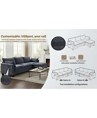 Streamdale Furniture Modern Chenille 3-Seat Sofa with Ottoman, Usb Ports and Side Pockets