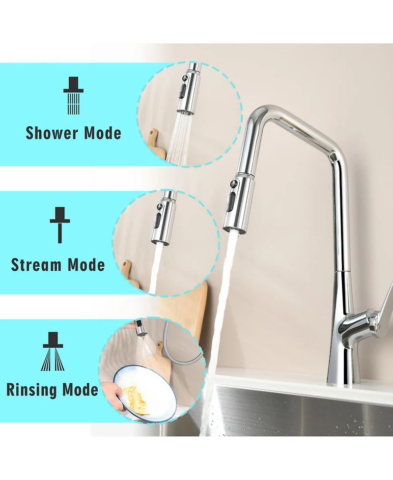 Busdays Chrome Professional Kitchen Faucet with 3 Function 360 Degree Sprayer One Touch Switch FastConnect System