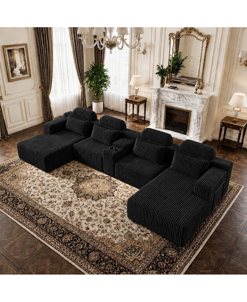Streamdale Furniture Modern Corduroy 6-Seater U-Shaped Modular Sofa with Cup Holders