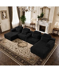 Streamdale Furniture Modern Corduroy 6-Seater U-Shaped Modular Sofa with Cup Holders