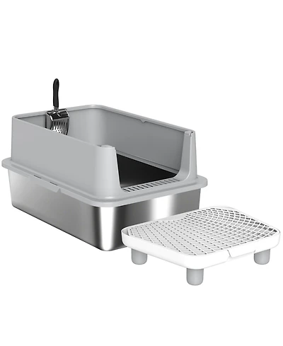 Ruie Extra Large Stainless Steel Cat Litter Box with Scoop and Pad