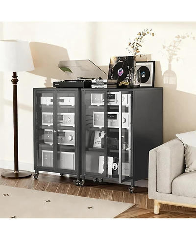 Streamdale Furniture 35.8" Media Storage Cabinet with Wheels and 4 Adjustable Glass Shelves