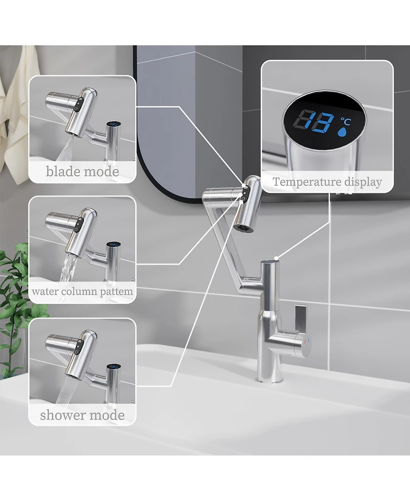 Busdays Chrome Bathroom Sink Faucet with Spray Function Temperature Display Anti Skid Switch Hot Cold Control 360 Degree Rotary