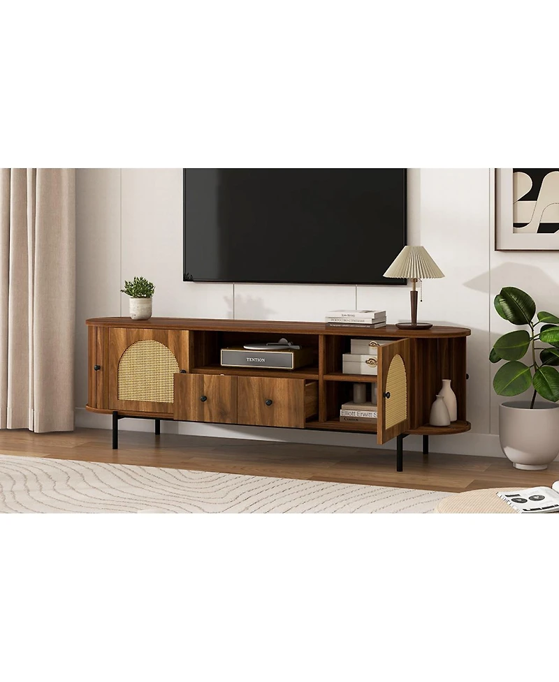 Streamdale Furniture American Style Rattan Tv Stand with Arched Doors and Steel Legs