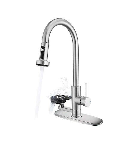Busdays 3 in 1 Kitchen Faucet with Press Type Glass Rinser High Arc Pull Down Sprayer 3 Function Spray Mode Brushed Nickel for Modern Kitchen Sink