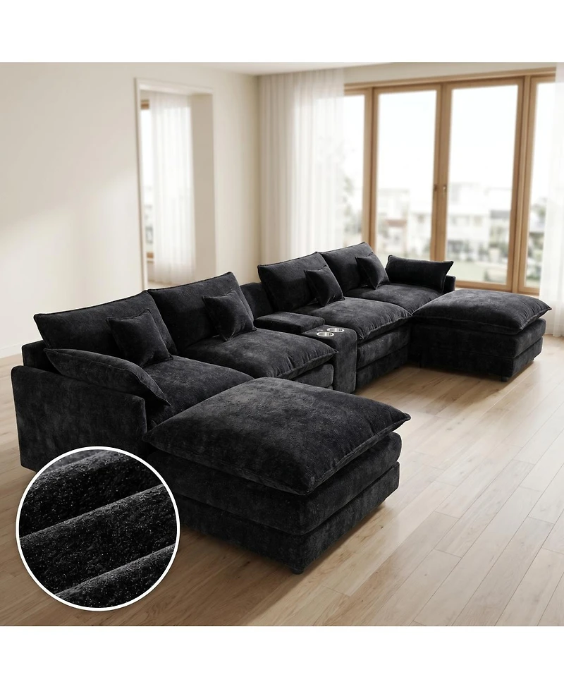 Streamdale Furniture 145" U-Shaped 6-Seat Modular Cloud Sectional Sofa with Usb Console