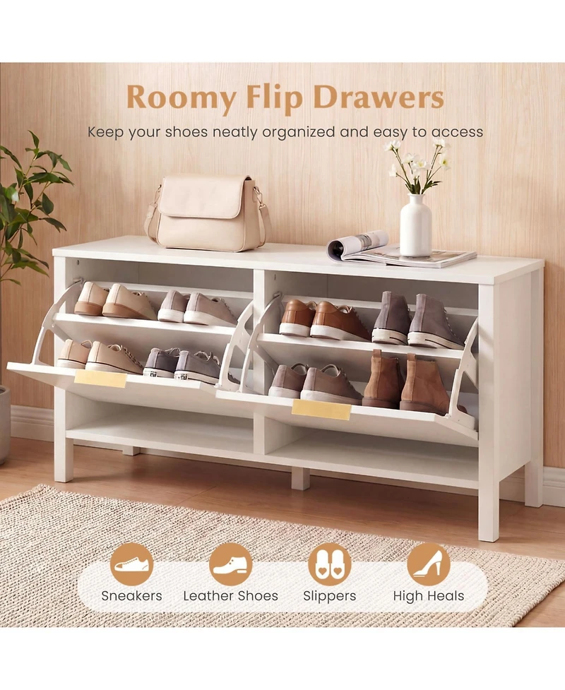Slickblue Wooden Shoe Storage Bench with 2 Flip Drawers for Entryway Organization