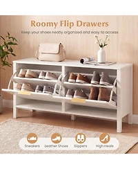 Slickblue Wooden Shoe Storage Bench with 2 Flip Drawers for Entryway Organization