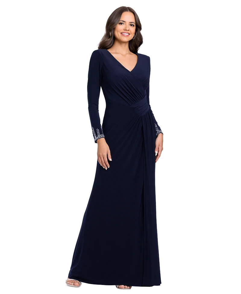 Betsy & Adam Women's V-Neck Gown with Embellished Cuff