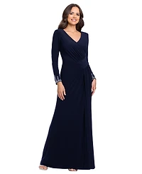 Betsy & Adam Women's V-Neck Gown with Embellished Cuff