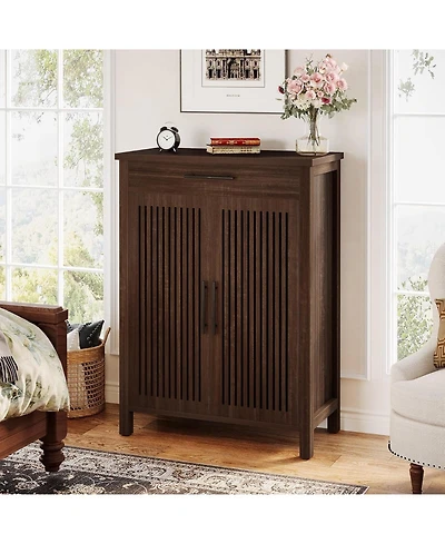 Tribesigns 5-Tier Shoe Cabinet,Shoe Storage Cabinet with Louvered Doors and Drawer, Freestanding Wooden Rack Organizer Adjustable Shelves