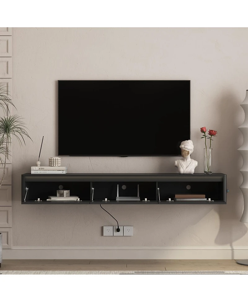 Streamdale Furniture Floating Wall-Mounted Tv Stand with Led Lights and Power Outlet