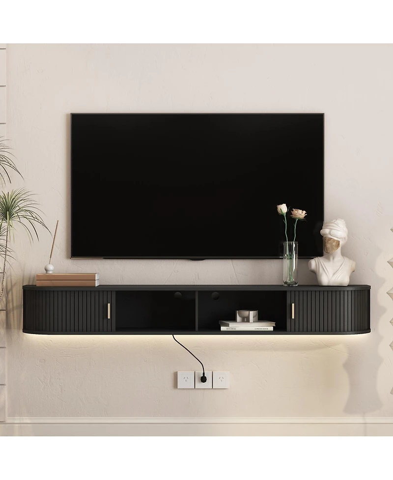 Streamdale Furniture 69" Modern Floating Tv Stand with 16-Color Led Lights and Sliding Doors