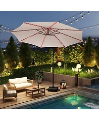 Sugift 10 Feet Solar Offset Hanging Umbrella with Base and Led Lights