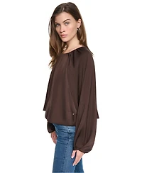 Dkny Jeans Women's Shirred Boat Neck Raglan Long-Sleeve Top
