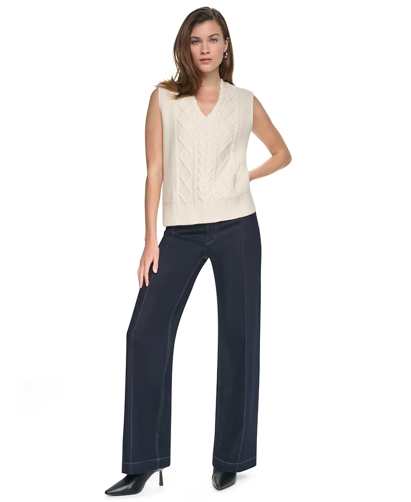 Dkny Jeans Women's Cable Knit V-Neck Hi-Low Sweater