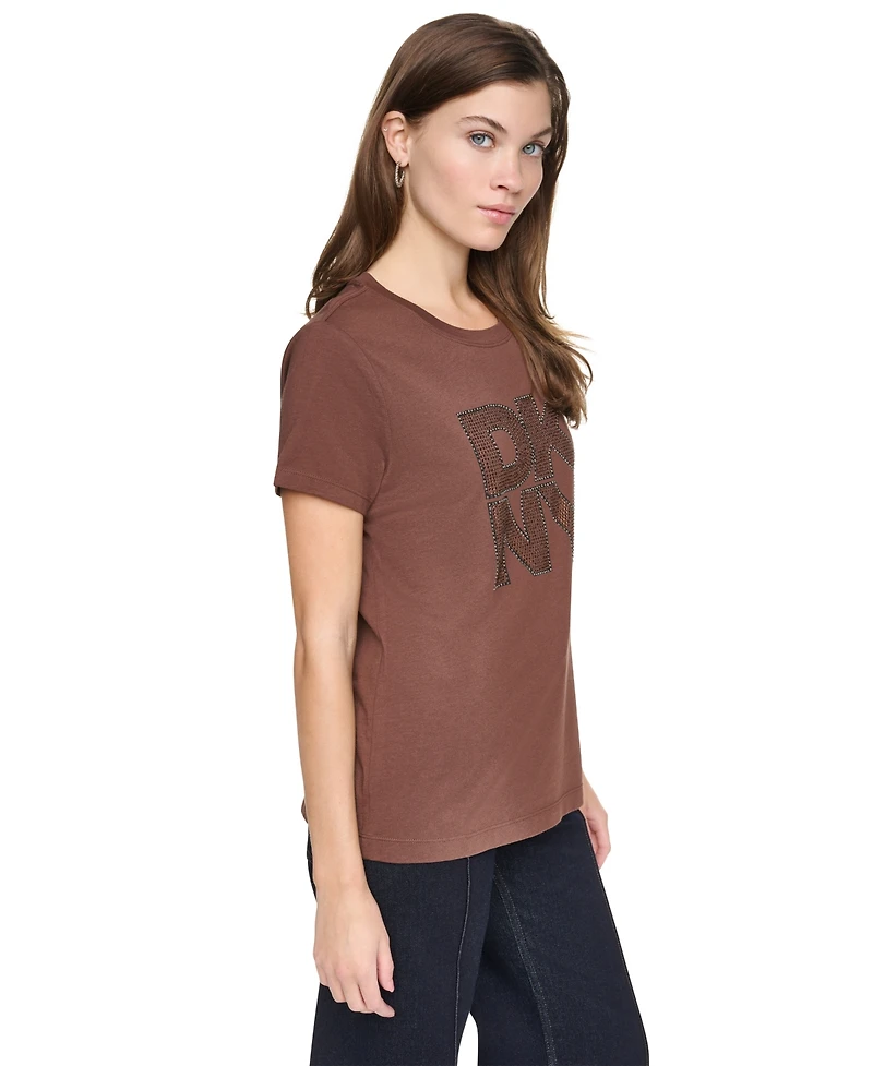 Dkny Jeans Women's Distressed Rhinestone Logo Crewneck T-Shirt