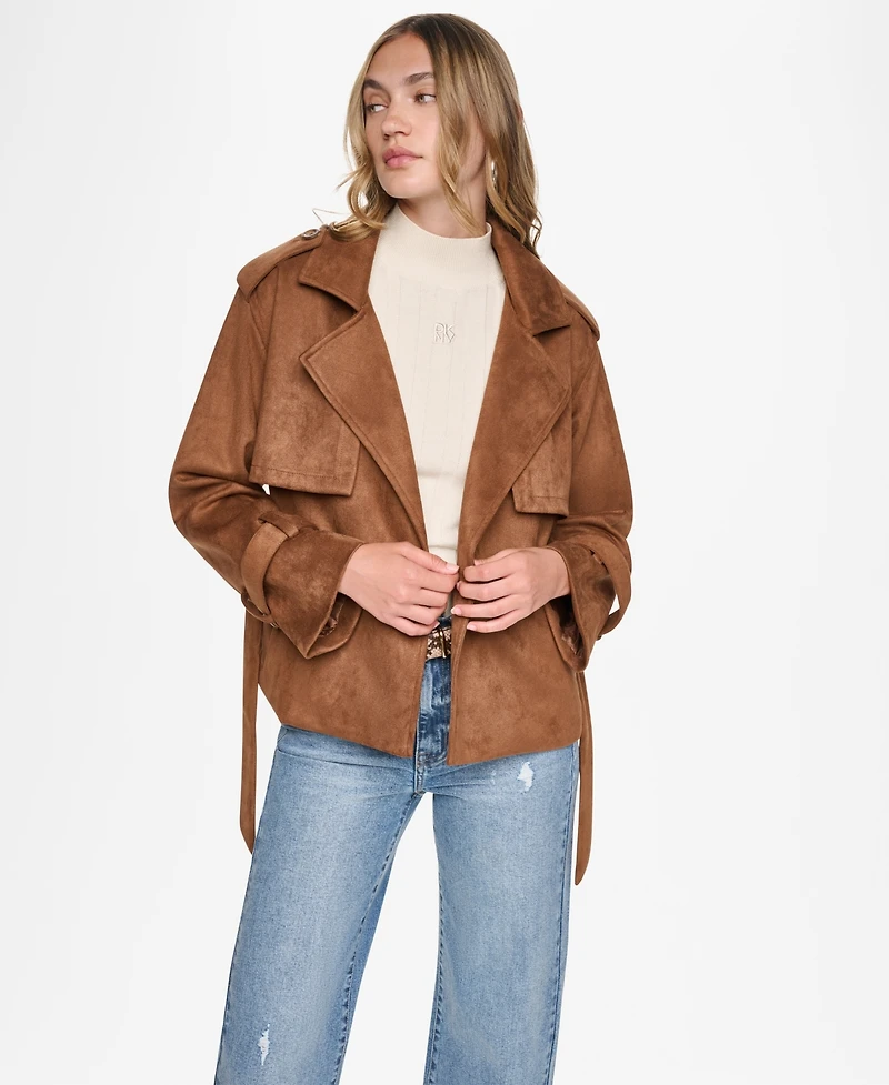 Dkny Jeans Women's Faux Suede Collared Short Trench Jacket