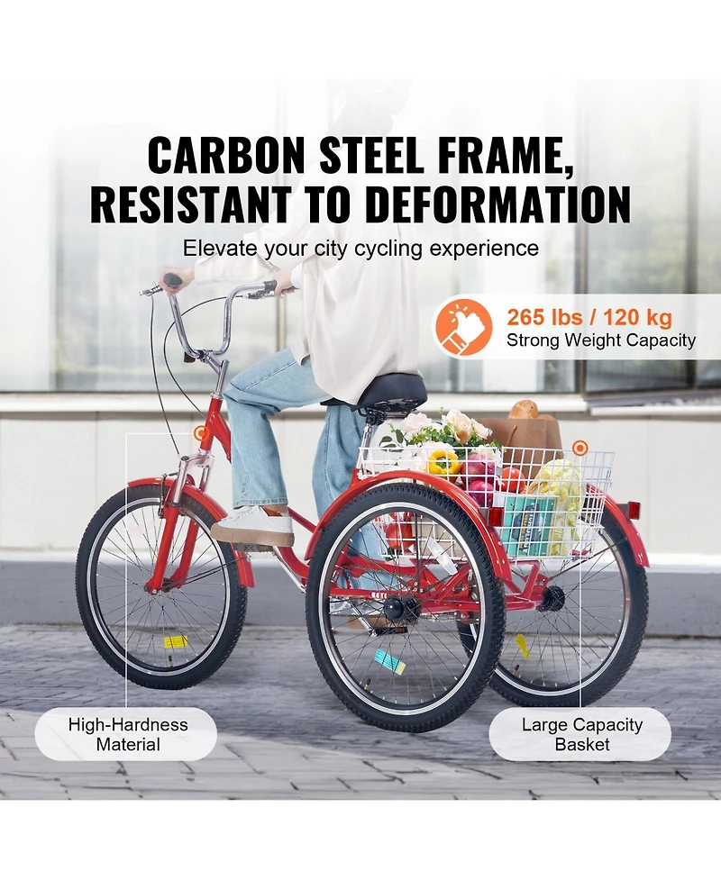 Vevor Folding Adult Tricycle 24" Adult 3-Wheel Folding Trikes Carbon Steel