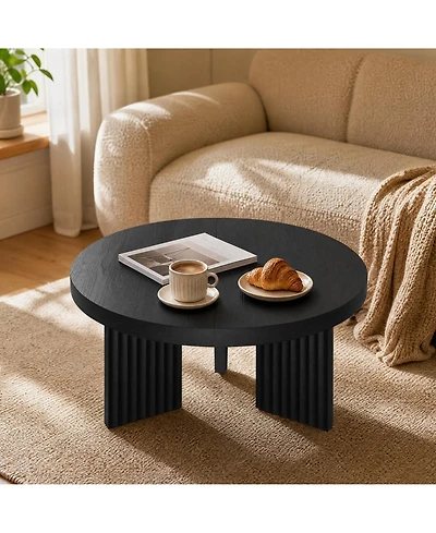 homfan Round Coffee Table, Circle Center Table with Fluted Legs and Thick Top, Accent Cocktail Tables for Living Room, Bedroom, Easy Assembly