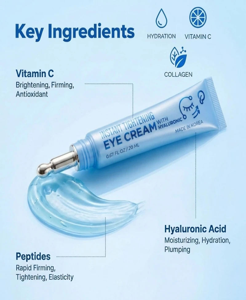 Lovery Korean Skin Care Hyaluronic Eye Cream, Instant Tightening and Hydrating, Firming and Depuffing Korean Under-Eye Treatment
