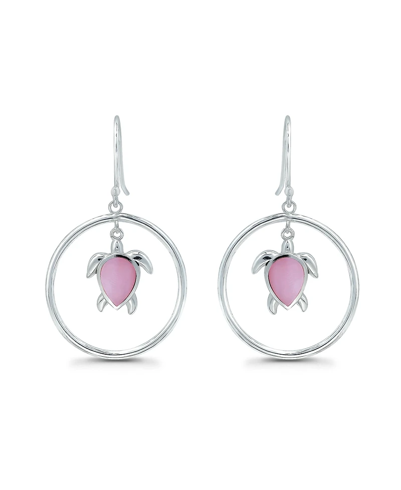 Macy's Pink Shell Inlay Fine Silver-Plated Turtle in Open Circle Fishhook Drop Earrings