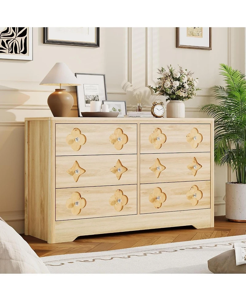 Mid-Century 6-Drawer Rattan Dresser, 47.2" Wide Wooden Storage Cabinet for Dining Room, Bedroom & Living