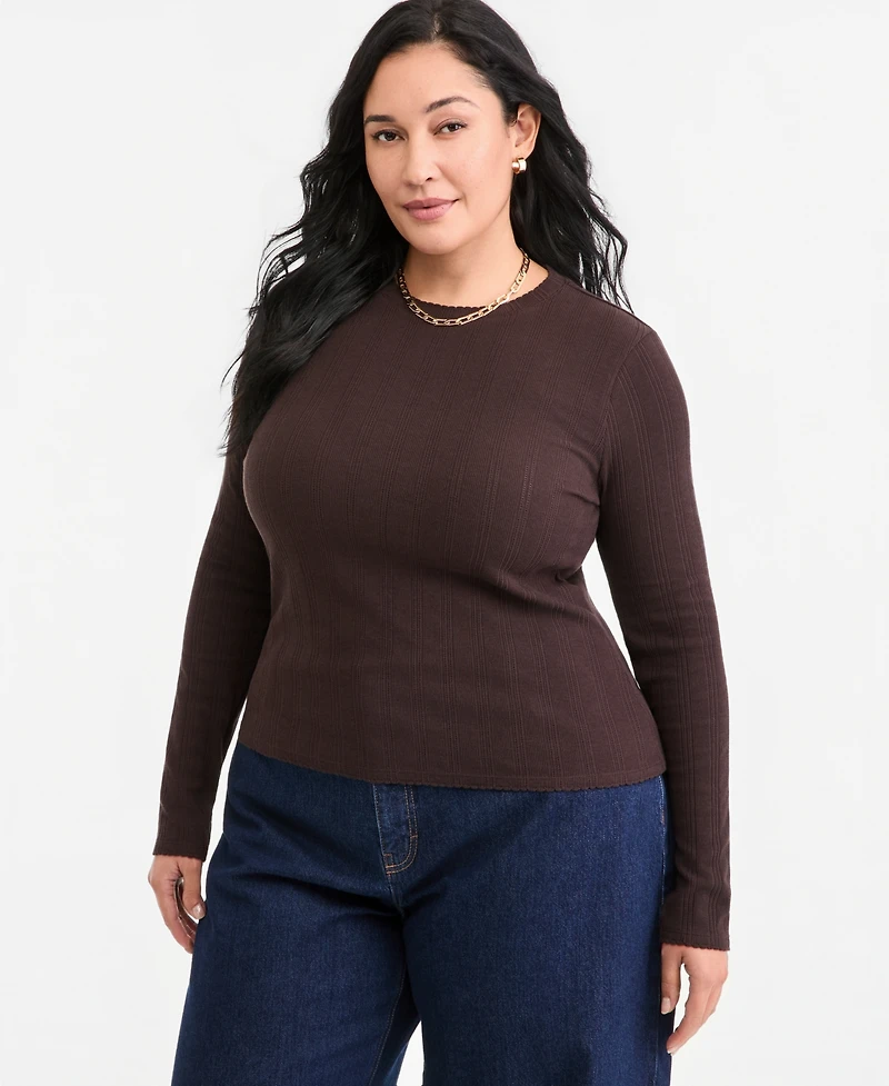 On 34th Plus Meet & Greet Pointelle Rib-Knit Jacquard Long-Sleeve Top, Macy's Exclusive