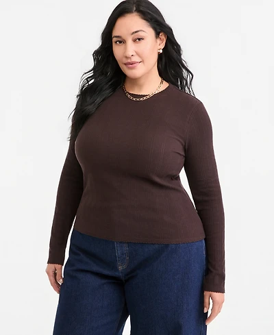 On 34th Plus Meet & Greet Pointelle Rib-Knit Jacquard Long-Sleeve Top, Macy's Exclusive