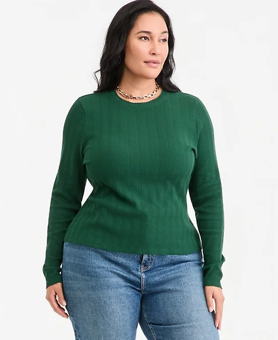 On 34th Plus Size Meet & Greet Pointelle Rib-Knit Jacquard Long-Sleeve Top, Macy's Exclusive