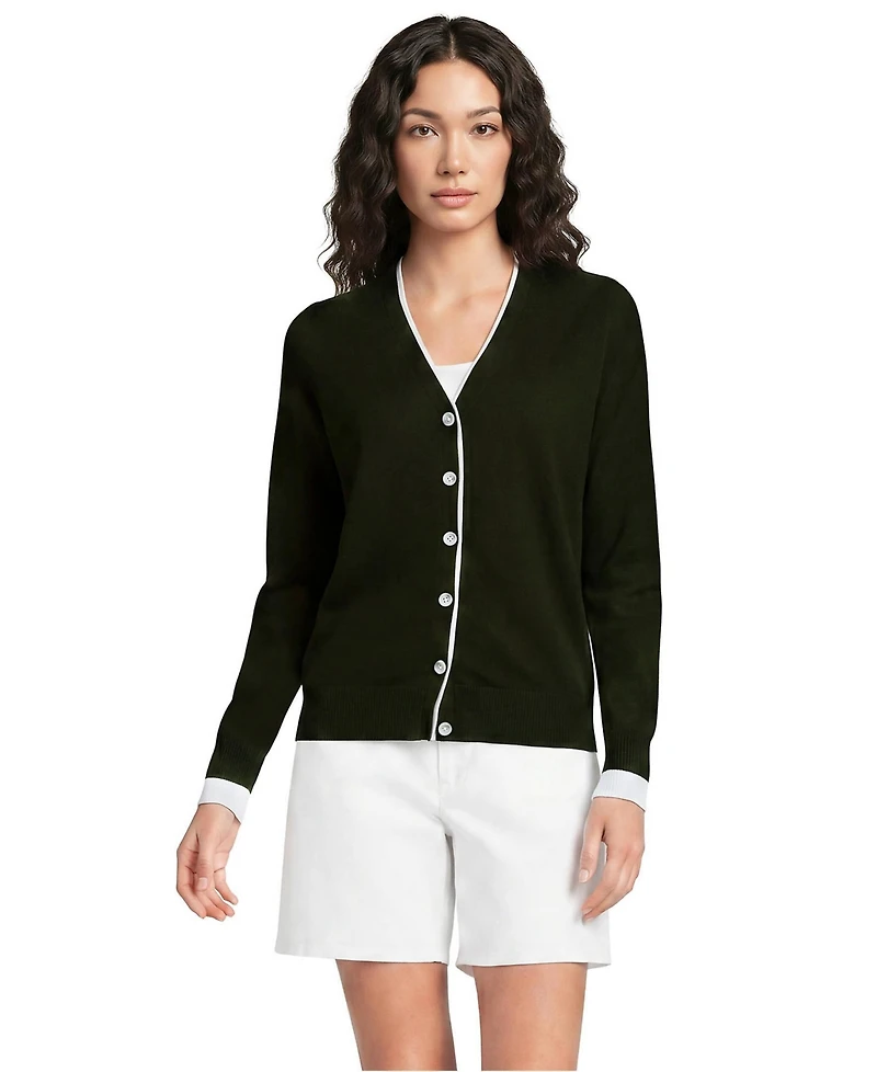 Lands' End Women's Double Trim Cotton V-neck Cardigan Sweater