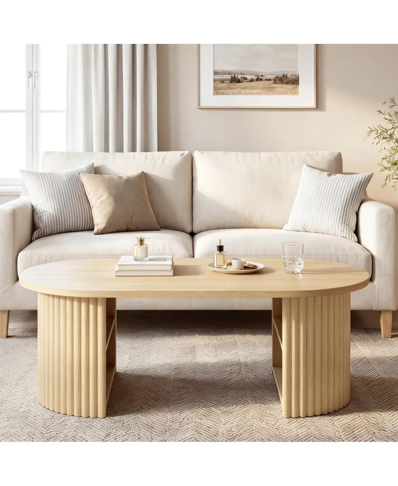 gaomon 39" Oval Fluted Coffee Table, Farmhouse Wood Coffee Table Mid Century Modern Center Table Boho Living Room Tables for Living Room, Home Office