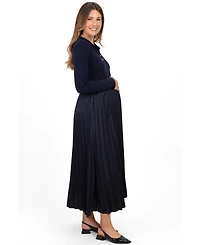 Pinkblush Women's Navy Collared Knit Contrast Pleated Skirt Midi Dress