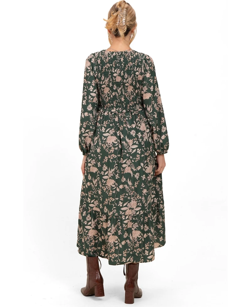 Pinkblush Women's Green Floral Smocked Long Sleeve Midi Dress