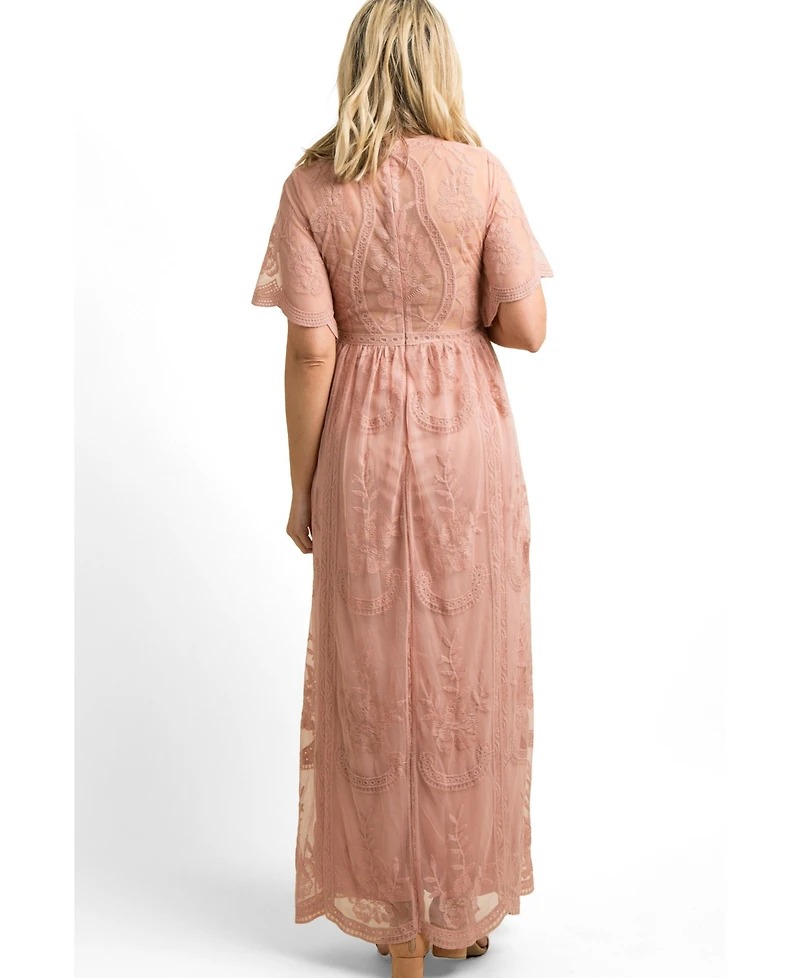 Pinkblush Women's Burgundy Lace Mesh Overlay Maxi Dress